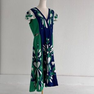 Farm Rio Soft Garden floral Patchwork Midi Dress in green and blue. Size Large